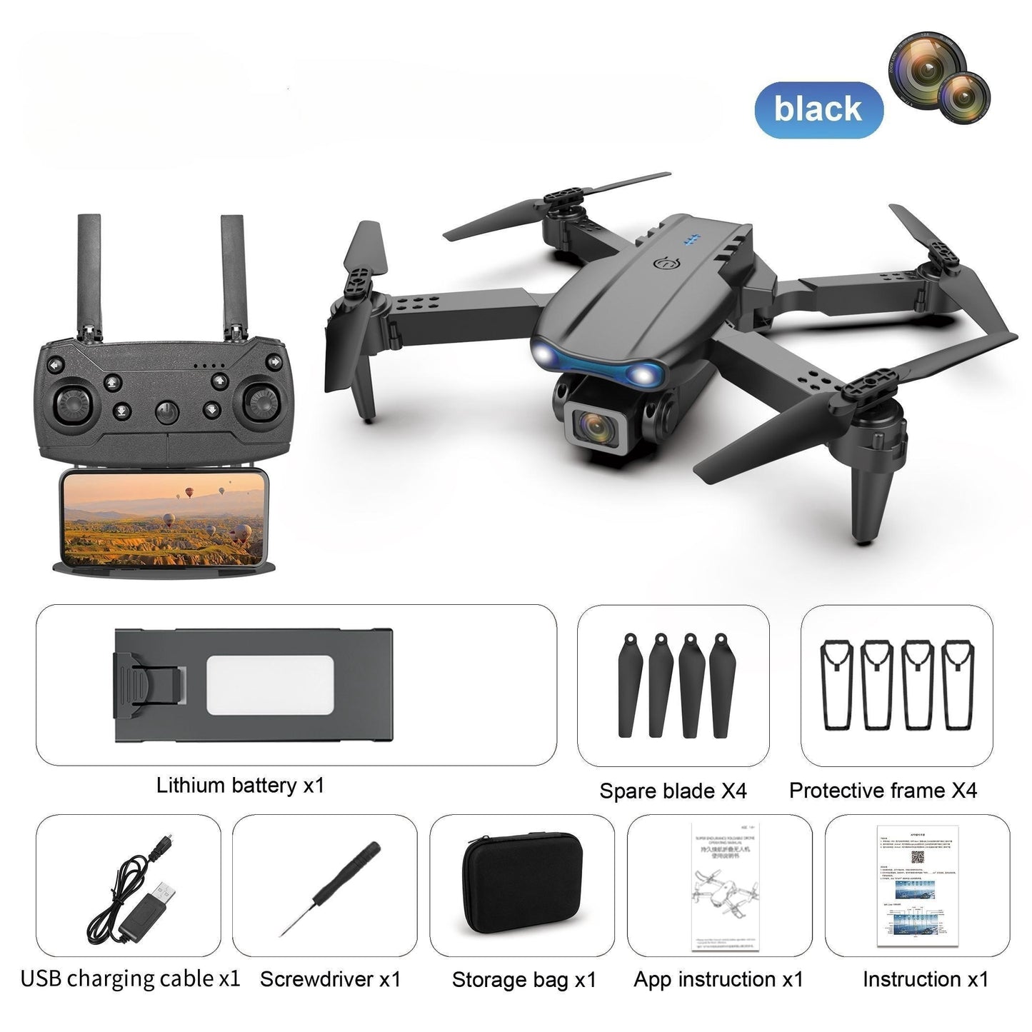 2025 E99 Pro Max Drone, App Control, FPV Real-time Video RC Quad , 360-degree Rotation, As A Toy Gift + 2 Batteries