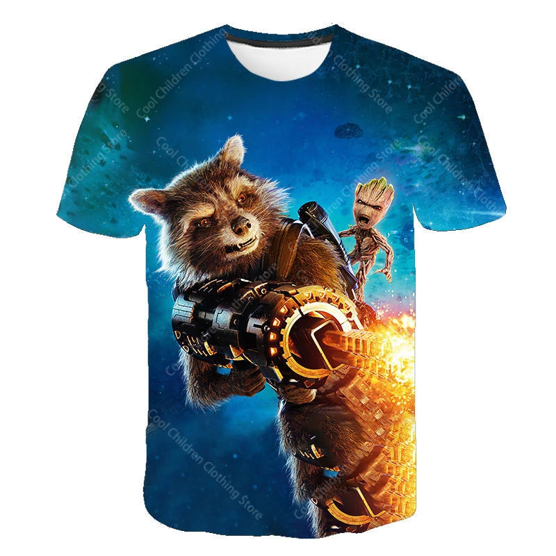 24 New Summer Boy Girl Marvel Rocket Raccoon And Tree Gru Tees Short Sleeve Guardians of the Galaxy Parent Child Clothing Top