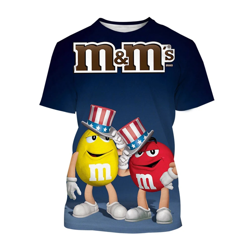 New funny m&m chocolate bean cartoon T-shirt 3D printing Unisex casual men's and women's funny short sleeved top