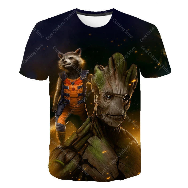 24 New Summer Boy Girl Marvel Rocket Raccoon And Tree Gru Tees Short Sleeve Guardians of the Galaxy Parent Child Clothing Top