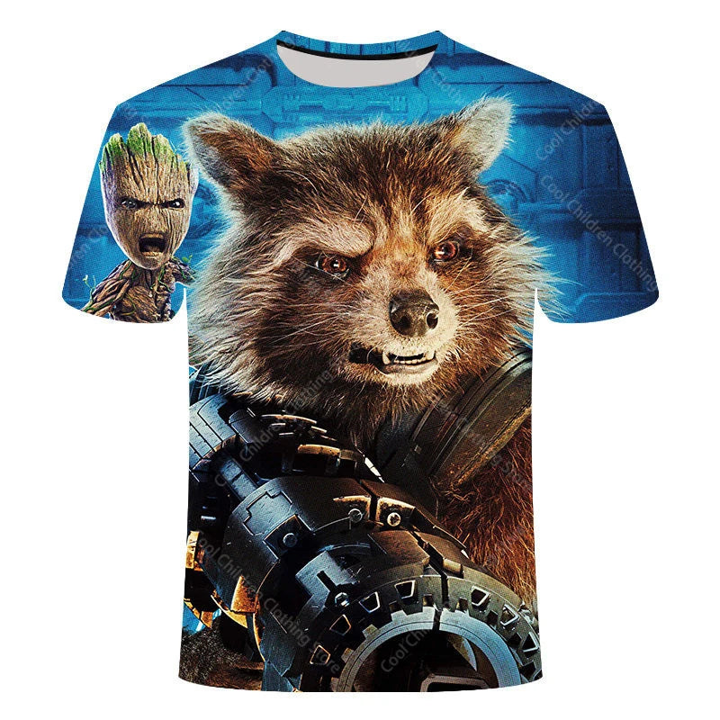 24 New Summer Boy Girl Marvel Rocket Raccoon And Tree Gru Tees Short Sleeve Guardians of the Galaxy Parent Child Clothing Top