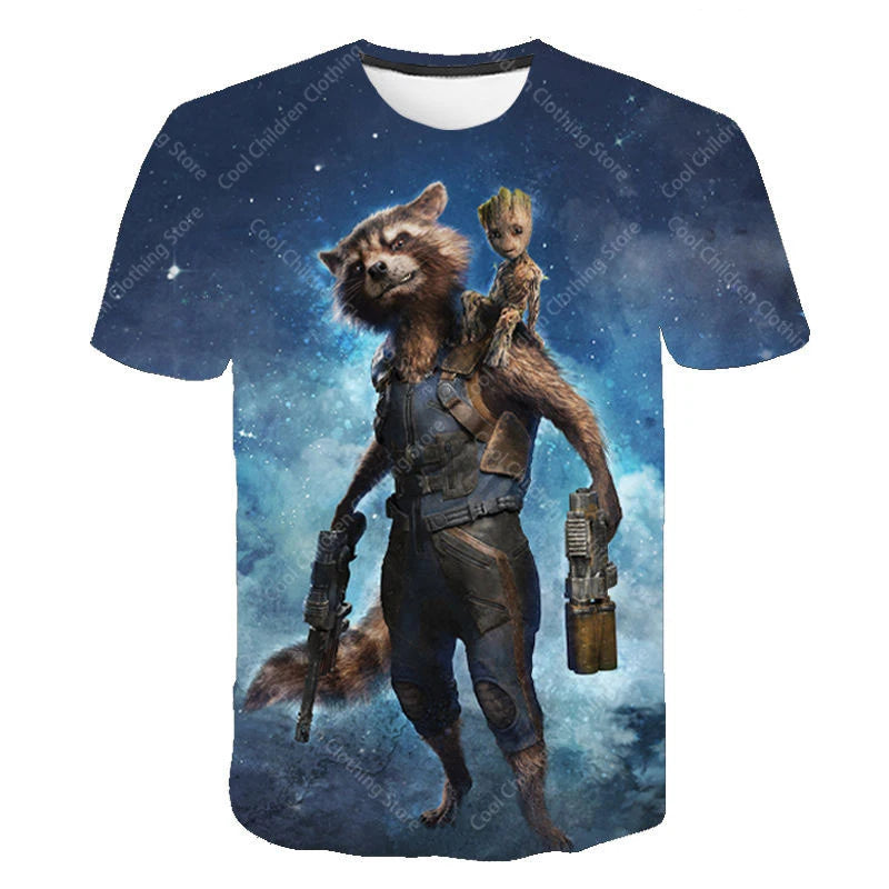 24 New Summer Boy Girl Marvel Rocket Raccoon And Tree Gru Tees Short Sleeve Guardians of the Galaxy Parent Child Clothing Top