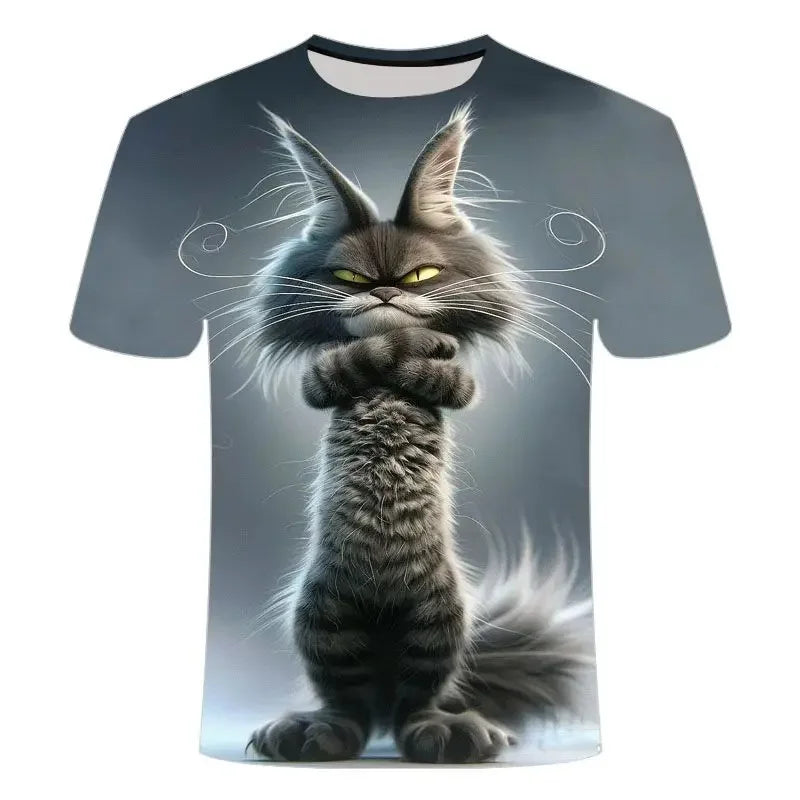 Funny Cat Pattern T-Shirt For Men Personality Animal 3D Printed T Shirts Summer Loose Short Sleeved Tops Casual Round Neck Tees