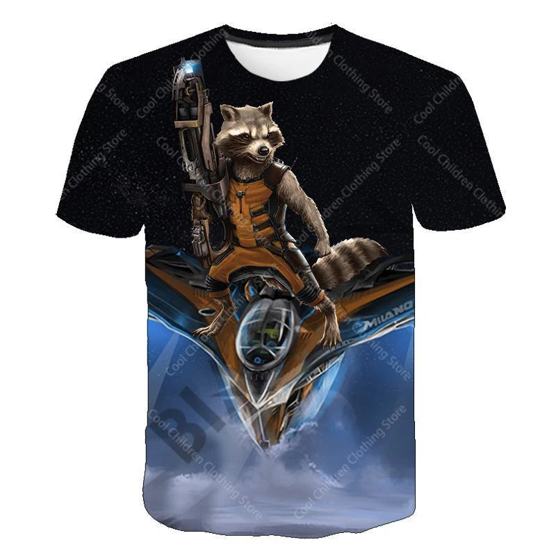 24 New Summer Boy Girl Marvel Rocket Raccoon And Tree Gru Tees Short Sleeve Guardians of the Galaxy Parent Child Clothing Top