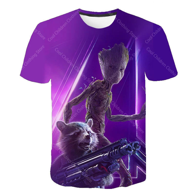 24 New Summer Boy Girl Marvel Rocket Raccoon And Tree Gru Tees Short Sleeve Guardians of the Galaxy Parent Child Clothing Top