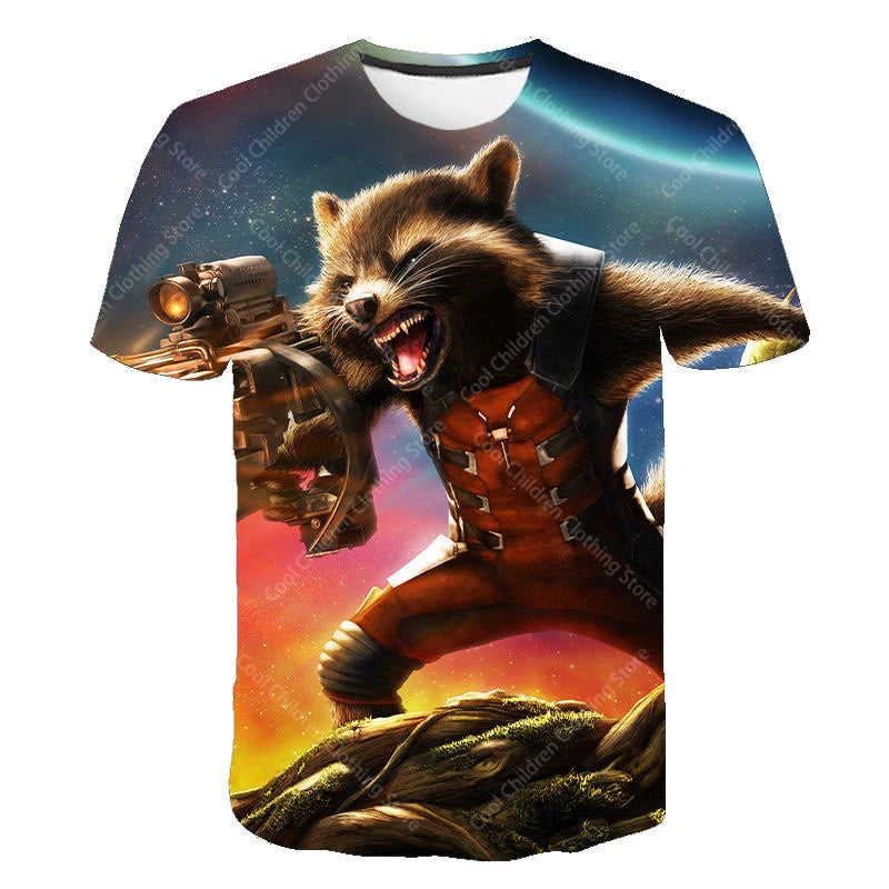 24 New Summer Boy Girl Marvel Rocket Raccoon And Tree Gru Tees Short Sleeve Guardians of the Galaxy Parent Child Clothing Top