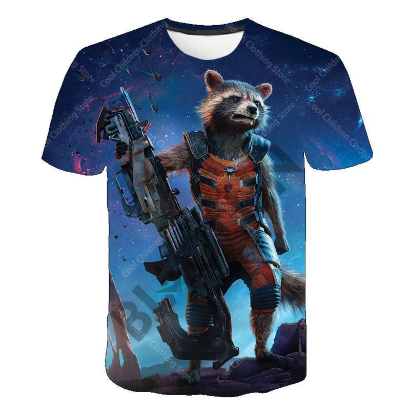 24 New Summer Boy Girl Marvel Rocket Raccoon And Tree Gru Tees Short Sleeve Guardians of the Galaxy Parent Child Clothing Top