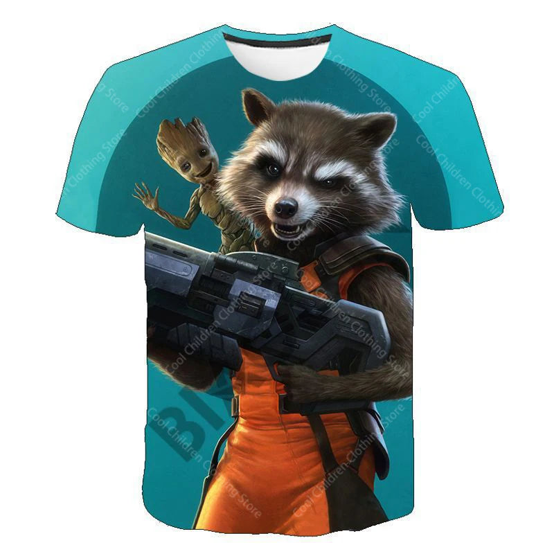 24 New Summer Boy Girl Marvel Rocket Raccoon And Tree Gru Tees Short Sleeve Guardians of the Galaxy Parent Child Clothing Top