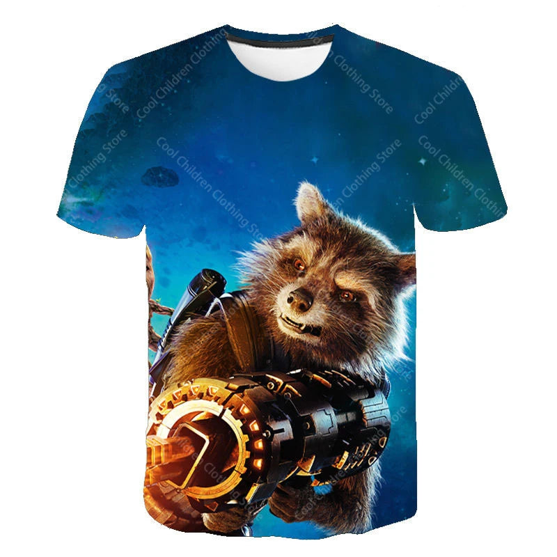 24 New Summer Boy Girl Marvel Rocket Raccoon And Tree Gru Tees Short Sleeve Guardians of the Galaxy Parent Child Clothing Top