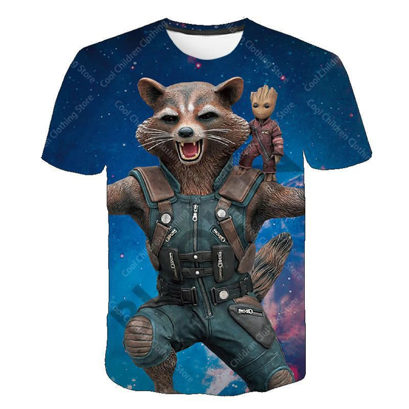 24 New Summer Boy Girl Marvel Rocket Raccoon And Tree Gru Tees Short Sleeve Guardians of the Galaxy Parent Child Clothing Top